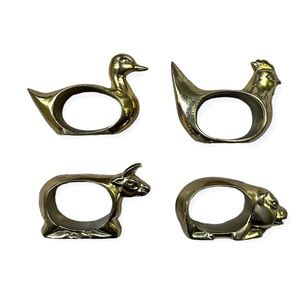 Vintage Imperial Collection Brass Napkin Rings, Set of 4 Duck Rooster Pig Bull